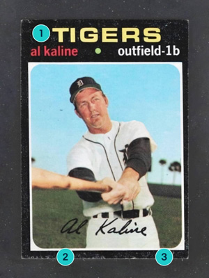 A baseball card in Very Good condition on a gray background