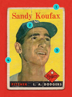 A Poor condition baseball card with signs of wear marked as 1, 2, 3, 4.