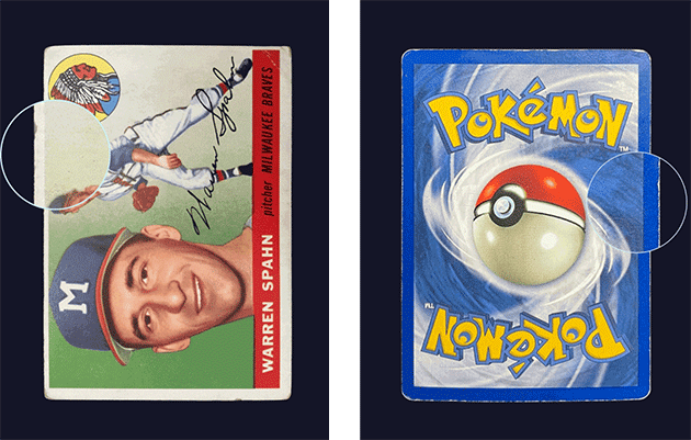 A baseball card with a magnified front left edge and a Pokémon card with a magnified back right edge.