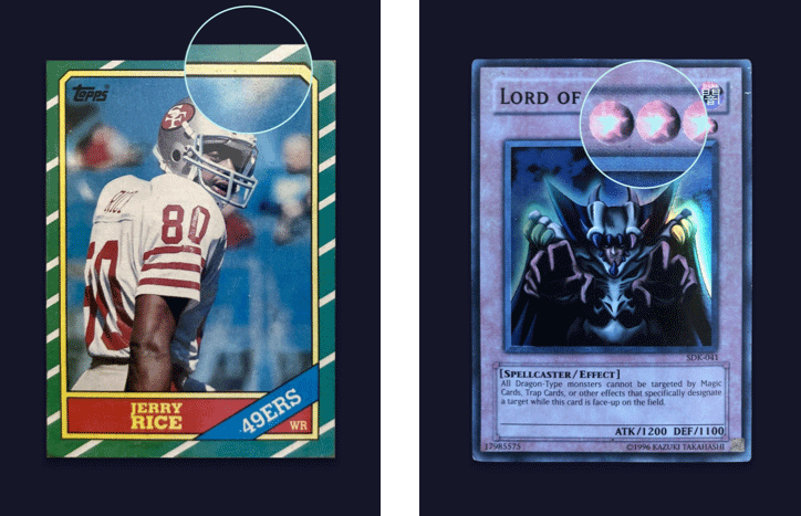 A football card and a Yu-Gi-Oh! card with magnified discolored patches. 