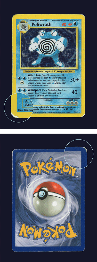 Pokémon card with a magnified front bottom left corner and with a magnified back top right corner.