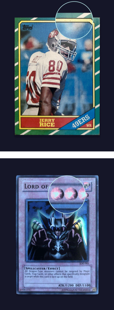 A football card and a Yu-Gi-Oh! card with magnified discolored patches.