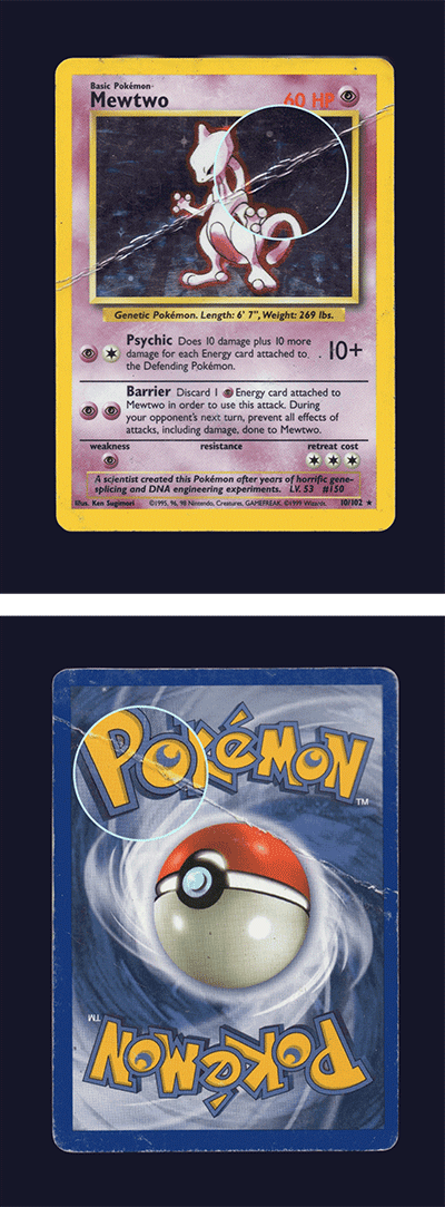 Front and back of a Pokémon card with magnified creases. 