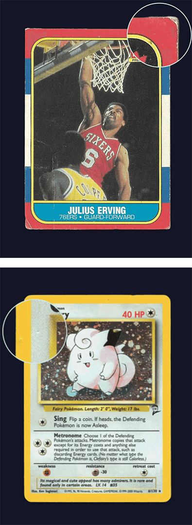 A basketball card with magnified corner chipping and a Pokémon card with magnified dents. 